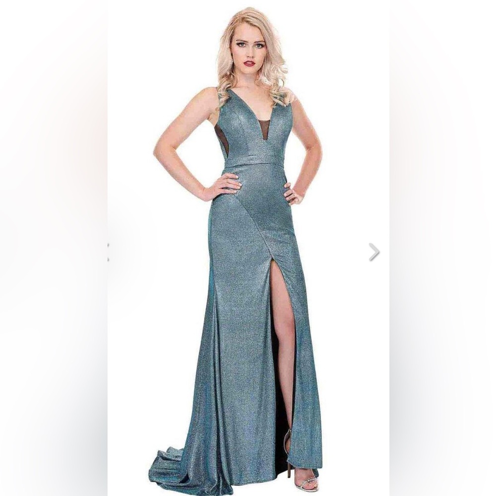 NWT Rachel Allan 6529 - Aqua - Sz 6 - Elegant Blue Evening Gown with Slit